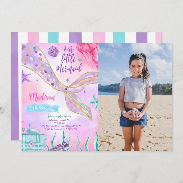 Purple Mermaid Birthday Invitation With Photo (Front/Back)