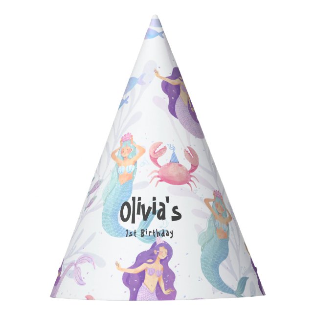 Purple mermaid birthday  party hat (Front)