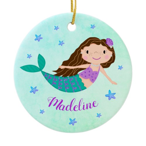 Purple Mermaid Christmas Personalized Name Ceramic Ornament