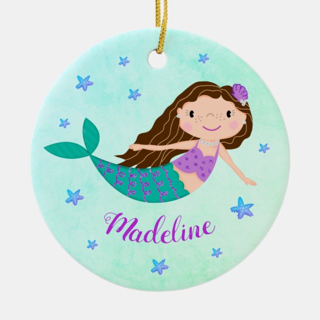 Purple Mermaid Christmas Personalized Name Ceramic Ornament (Front)
