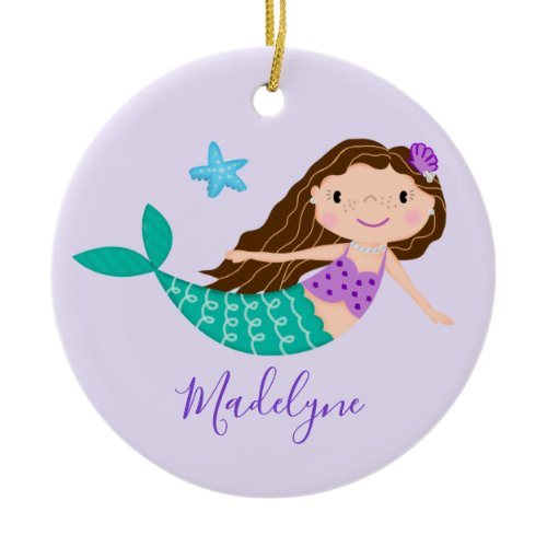 Purple Mermaid Christmas Script Name Ceramic Ornament