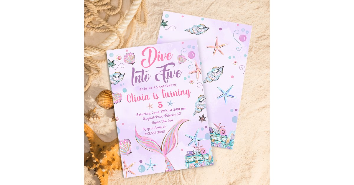 Purple Mermaid Dive Into Five 5th Birthday Invitation