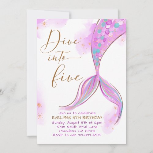 Purple Mermaid Dive Into Five 5th Birthday Party Invitation