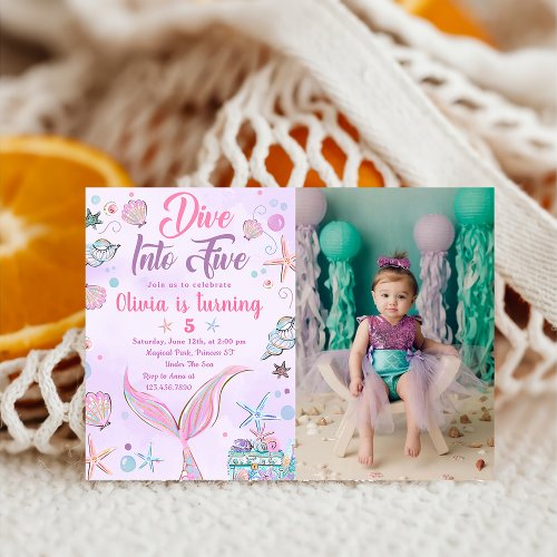 Purple Mermaid Dive Into Five 5th Birthday Photo Invitation