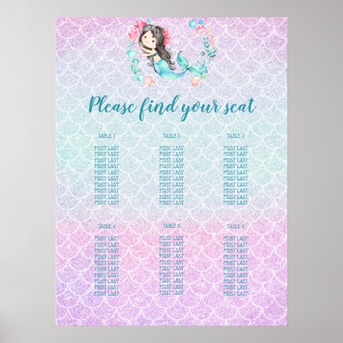 Purple Mermaid Girls Baby Shower Seating Chart