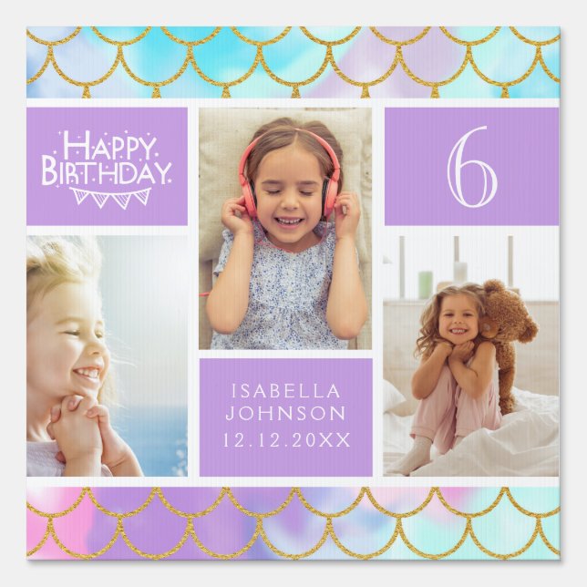 Purple Mermaid Girly Photo Collage Happy Birthday Sign (Front)