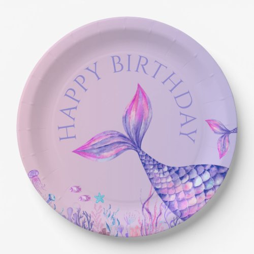 Purple Mermaid Happy Birthday Paper Plate