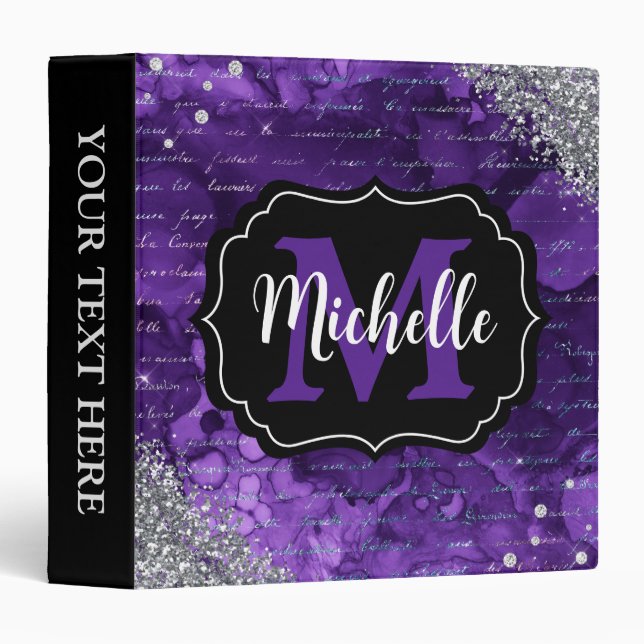 Purple Mermaid Letters Pattern & Glitter Monogram 3 Ring Binder (Front/Spine)