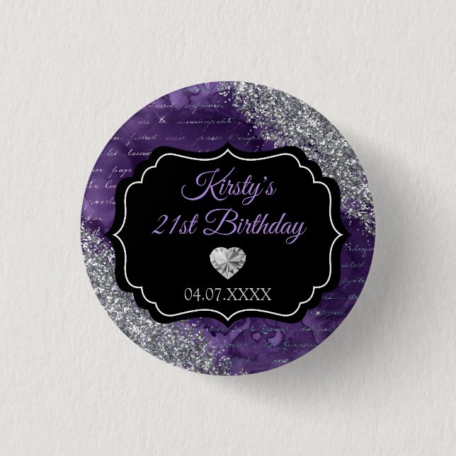 Purple Mermaid Letters Silver Glitter Birthday Button (Front)