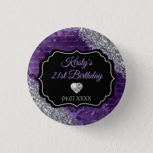 Purple Mermaid Letters Silver Glitter Birthday Button