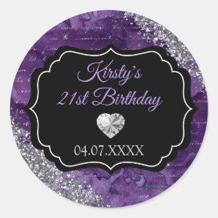 Purple Mermaid Letters Silver Glitter Birthday Classic Round Sticker