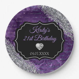 Purple Mermaid Letters Silver Glitter Birthday Paper Plates