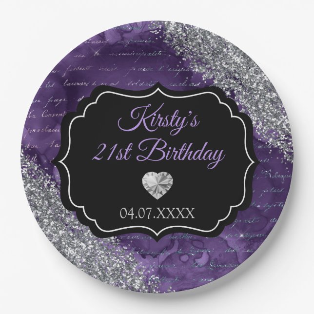 Purple Mermaid Letters Silver Glitter Birthday Paper Plates (Front)