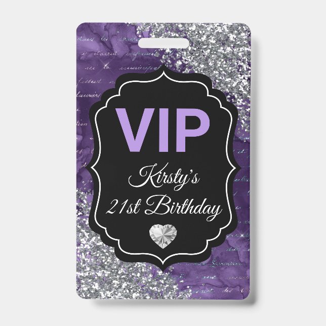 Purple Mermaid Letters Silver Glitter Birthday VIP Badge (Front)