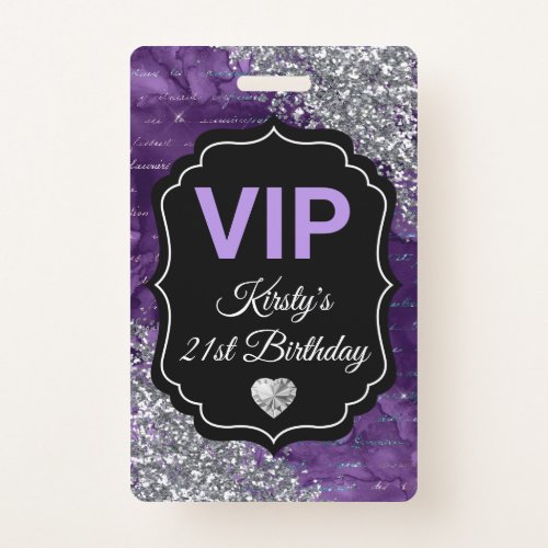 Purple Mermaid Letters Silver Glitter Birthday VIP Badge