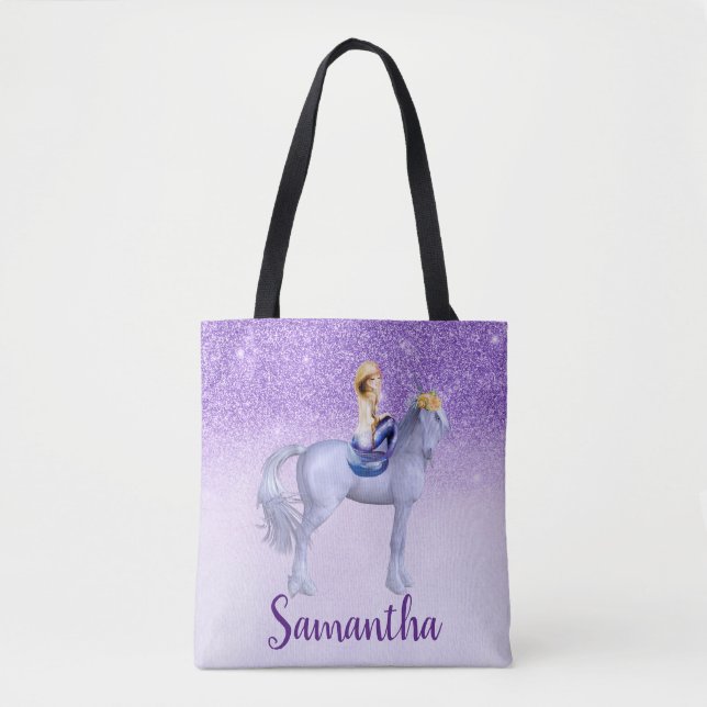 Purple Mermaid on Unicorn Personalized Tote Bag (Front)
