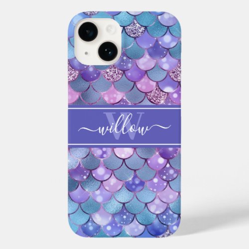 Purple Mermaid Scales Pattern Name Monogram Case_Mate iPhone 14 Case