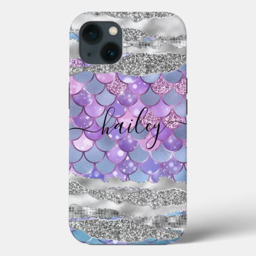 purple mermaid skin with silver glitter  iPhone 13 case