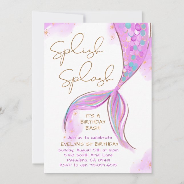 Purple Mermaid Splish Splash Girl Birthday Invitation (Front)
