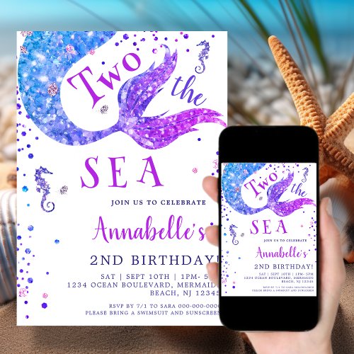 Purple Mermaid Tail 2nd Birthday  Invitation
