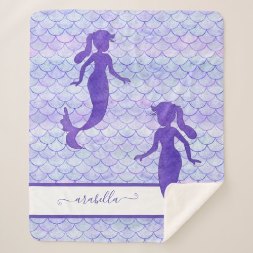 Purple Mermaid Tail Scale Pattern Watercolor Name Sherpa Blanket