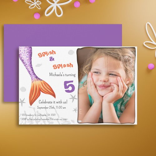 Purple Mermaid Tail Splash Summer Girl Birthday Invitation