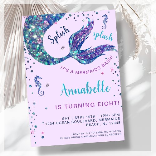 Purple Mermaid Tail Under The Sea Birthday  Invitation