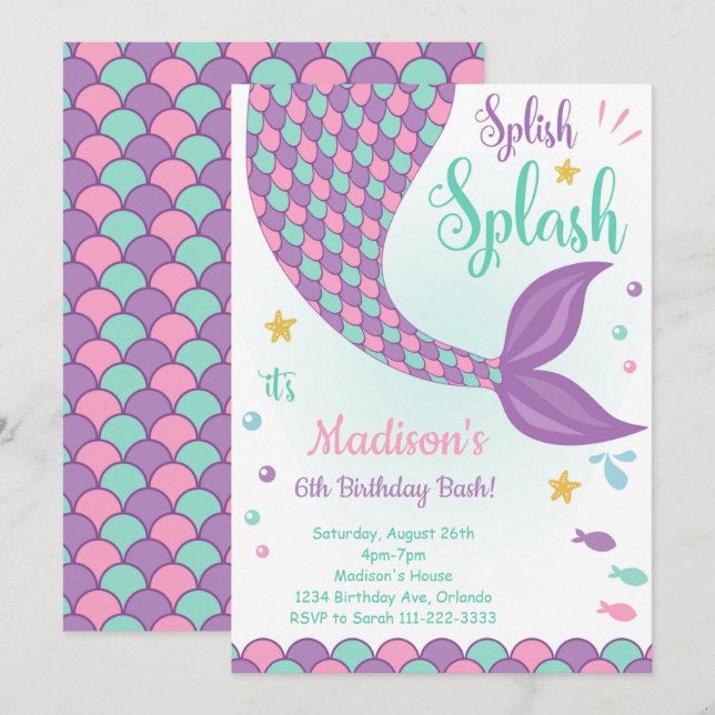 Purple Mermaid Tail Under the Sea Birthday Invite (Front/Back)