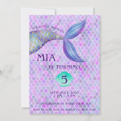 Purple Mermaid Themed Girl Birthday Invitation