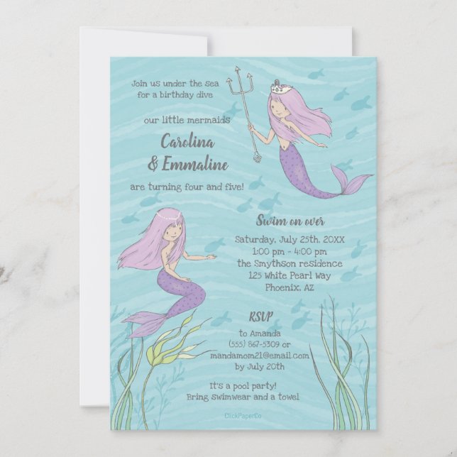 Purple Mermaid Twins or Sisters Birthday Invitation (Front)