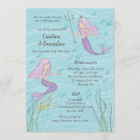 Purple Mermaid Twins or Sisters Birthday Invitation