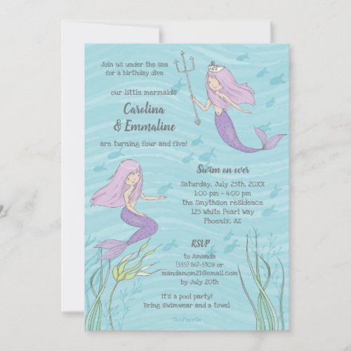 Purple Mermaid Twins or Sisters Birthday Invitation
