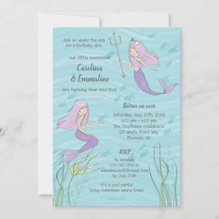 one children's birthday party invitations aqua and pink, twins