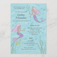 Purple Mermaid Twins or Sisters Birthday Invitation