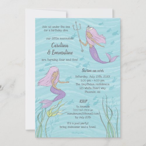 Purple Mermaid Twins or Sisters Birthday Invitation