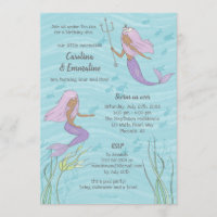 Purple Mermaid Twins or Sisters Birthday Invitation