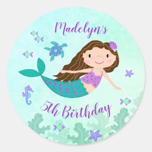 Purple Mermaid Under The Sea Birthday Classic Round Sticker