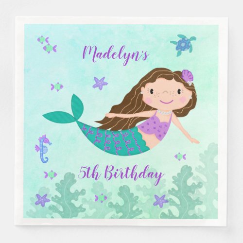 Purple Mermaid Under The Sea Birthday Paper Dinner Napkins