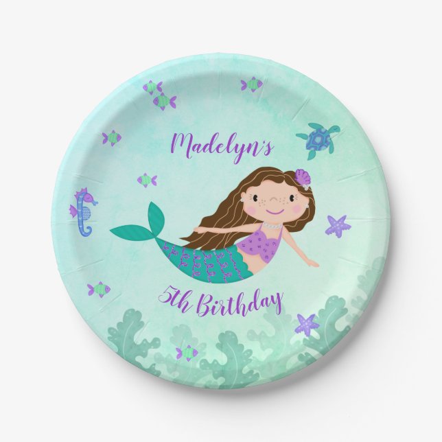 Purple Mermaid Under The Sea Birthday Paper Plates (Front)