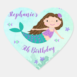Purple Mermaid Under The Sea Personalized Birthday Heart Sticker