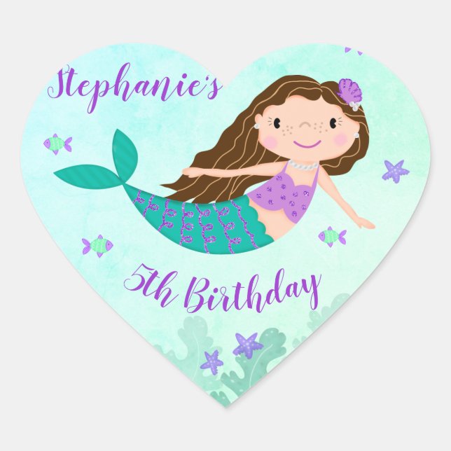 Purple Mermaid Under The Sea Personalized Birthday Heart Sticker (Front)