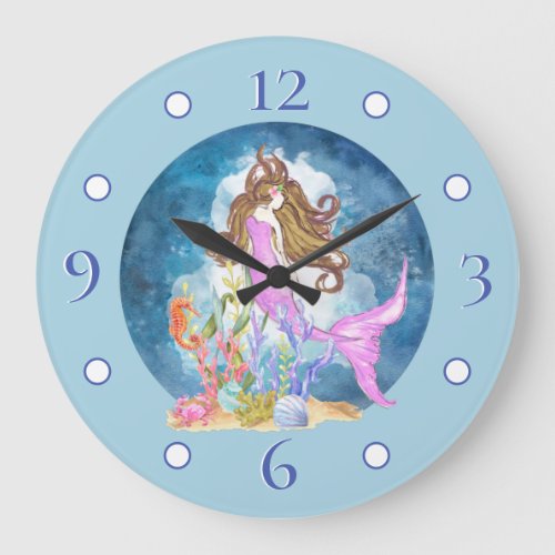 Purple Mermaid Watercolor Large Acrylic Wall Clock