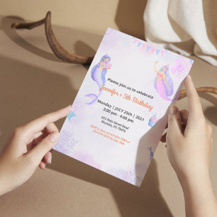 Purple Mermaid Watercolor Magical Girl Birthday Invitation