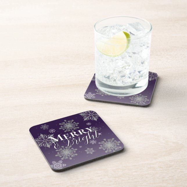 Purple Merry and Bright Snowflakes Christmas Beverage Coaster (Right Side)