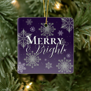 Purple Merry and Bright Snowflakes Christmas Ceramic Ornament