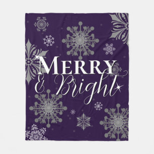 Purple Merry and Bright Snowflakes Christmas Fleece Blanket
