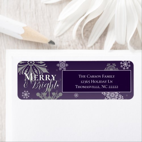 Purple Merry and Bright Snowflakes Christmas Label