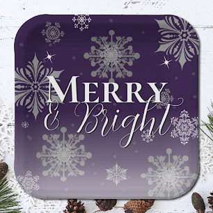 Purple Merry and Bright Snowflakes Christmas Paper Plates