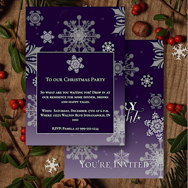 Purple Merry and Bright Snowflakes Christmas Party Invitation (Purple Merry and Bright Snowflakes Christmas Party Invitation)