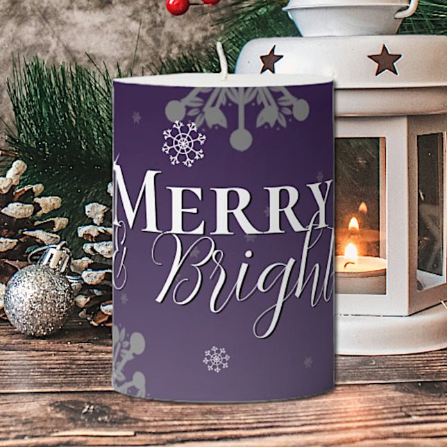 Purple Merry and Bright Snowflakes Christmas Pillar Candle (Purple Merry and Bright Snowflakes Christmas Candle)